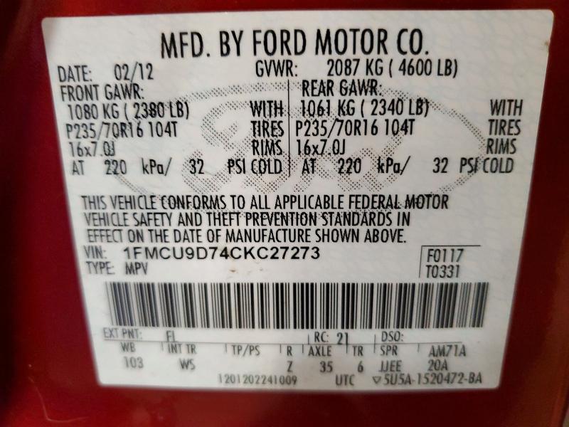 51594756 :رقم المزاد ، 1FMCU9D74CKC27273 vin ، 2012 Ford Escape مزاد بيع