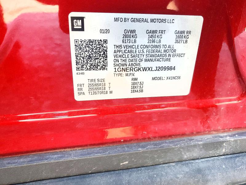 49140936 :رقم المزاد ، 1GNERGKWXLJ209984 vin ، 2020 Chevrolet Traverse مزاد بيع