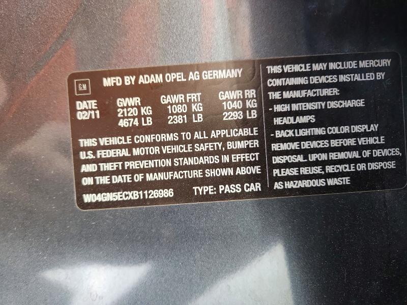 Продаж на аукціоні авто 2011 Buick Regal, vin: W04GN5ECXB1126986, номер лоту: 50945716