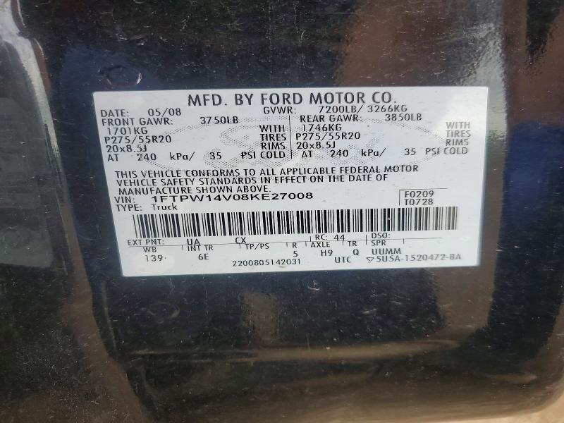 2008 Ford F150 მანქანა იყიდება აუქციონზე, vin: 1FTPW14V08KE27008, აუქციონის ნომერი: 49980766