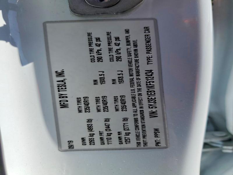 Продаж на аукціоні авто 2019 Tesla Model 3, vin: 5YJ3E1EB1KF512434, номер лоту: 50174036
