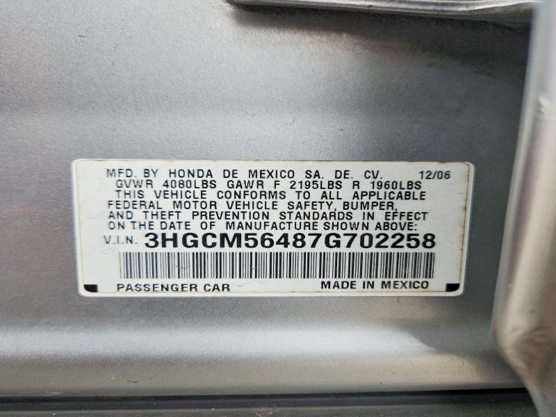 Aukcja sprzedaży 2007 Honda Accord, vin: 3HGCM56487G702258, numer aukcji: 51146896