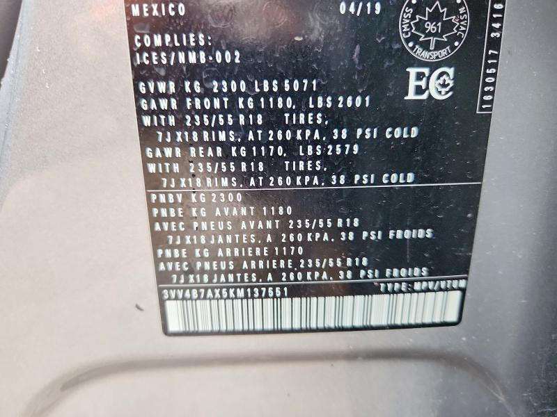 49622716 :رقم المزاد ، 3VV4B7AX5KM137551 vin ، 2019 Volkswagen Tiguan مزاد بيع