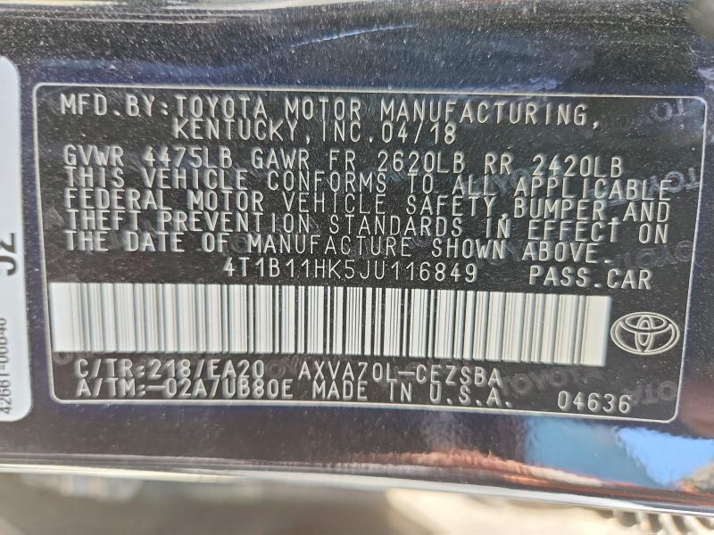 2018 Toyota Camry მანქანა იყიდება აუქციონზე, vin: 4T1B11HK5JU116849, აუქციონის ნომერი: 51567016