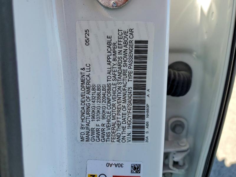 2025 Honda Accord მანქანა იყიდება აუქციონზე, vin: 1HGCY1F47SA042475, აუქციონის ნომერი: 51015136