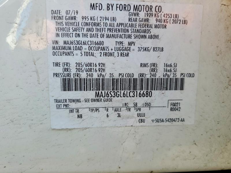 2020 Ford Ecosport მანქანა იყიდება აუქციონზე, vin: MAJ6S3GL6LC316680, აუქციონის ნომერი: 50435756