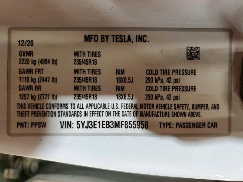 Продажа на аукционе авто 2021 Tesla Model 3, vin: 5YJ3E1EB3MF855958, номер лота: 50943636