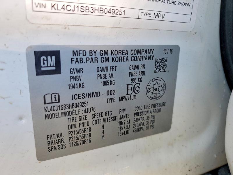 Aukcja sprzedaży 2017 Buick Encore, vin: KL4CJ1SB3HB049251, numer aukcji: 49720666