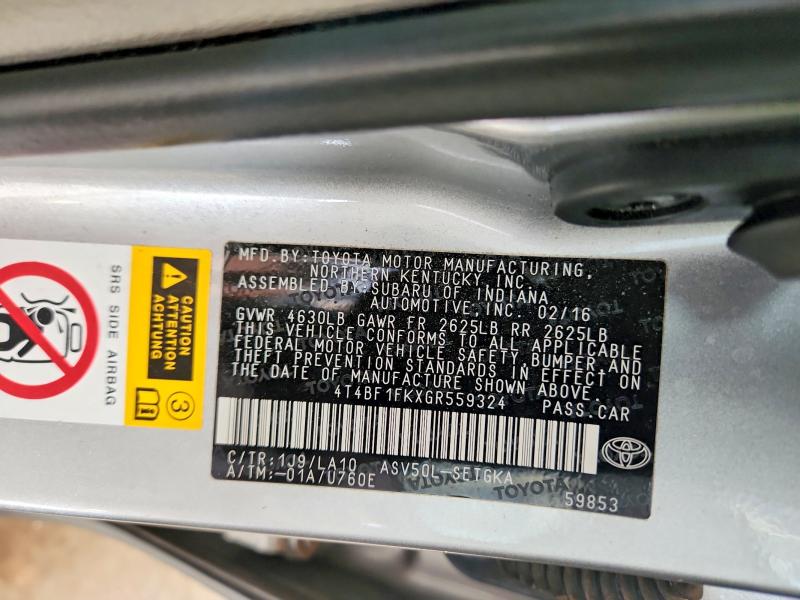 2016 Toyota Camry მანქანა იყიდება აუქციონზე, vin: 4T4BF1FKXGR559324, აუქციონის ნომერი: 49024356
