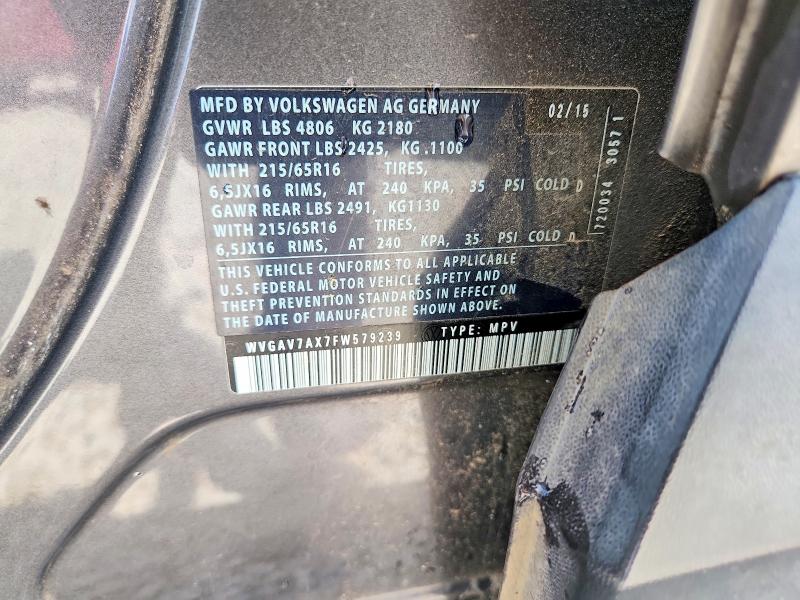 2015 Volkswagen Tiguan მანქანა იყიდება აუქციონზე, vin: WVGAV7AX7FW579239, აუქციონის ნომერი: 49780346