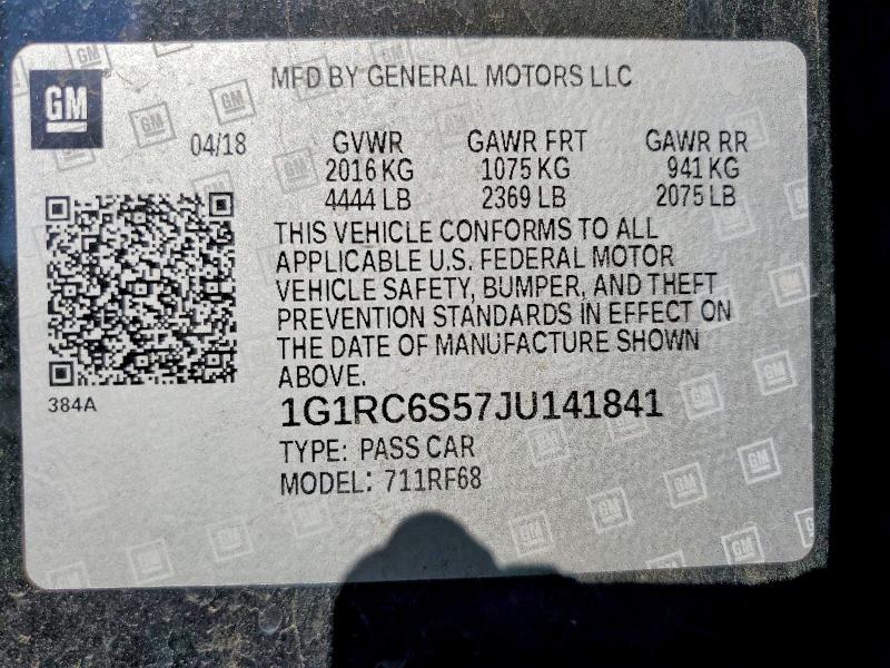 49962166 :رقم المزاد ، 1G1RC6S57JU141841 vin ، 2018 Chevrolet Volt مزاد بيع