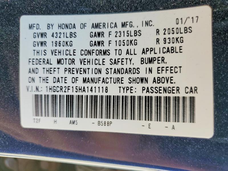 2017 Honda Accord მანქანა იყიდება აუქციონზე, vin: 1HGCR2F15HA141118, აუქციონის ნომერი: 50430286