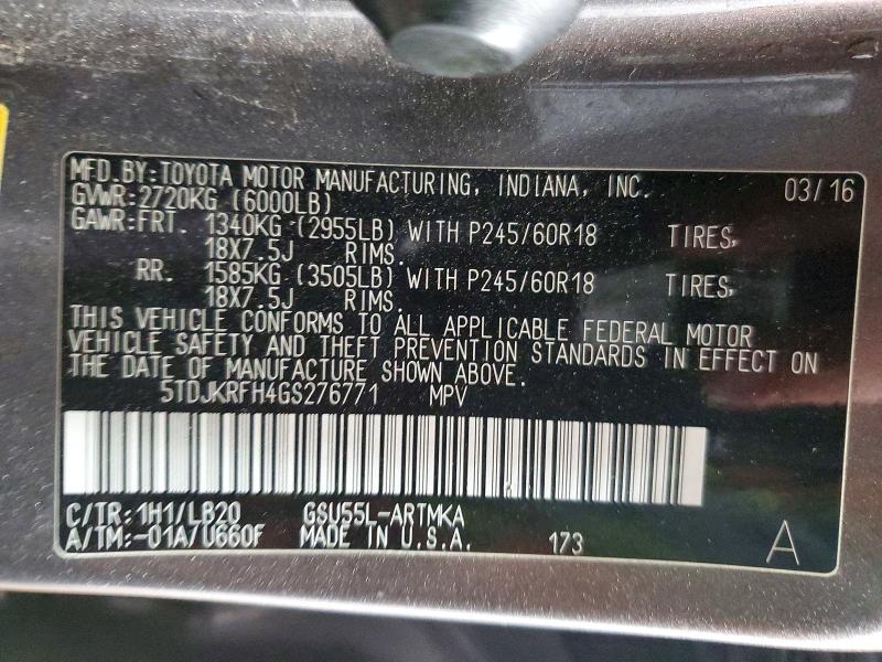 Aukcja sprzedaży 2016 Toyota Highlander, vin: 5TDJKRFH4GS276771, numer aukcji: 51960826