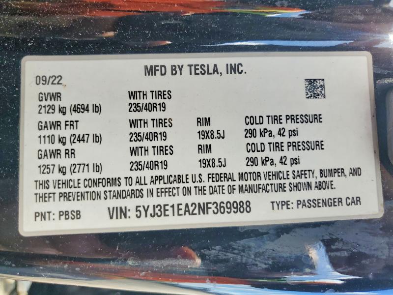 Продажа на аукционе авто 2022 Tesla Model 3, vin: 5YJ3E1EA2NF369988, номер лота: 49151516