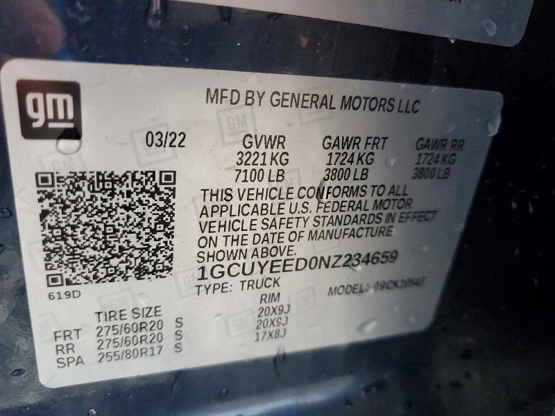 2022 Chevrolet Silverado Ltd მანქანა იყიდება აუქციონზე, vin: 1GCUYEED0NZ234659, აუქციონის ნომერი: 50618326