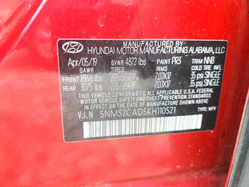 51762096 :رقم المزاد ، 5NMS2CAD5KH110521 vin ، 2019 Hyundai Santa Fe مزاد بيع