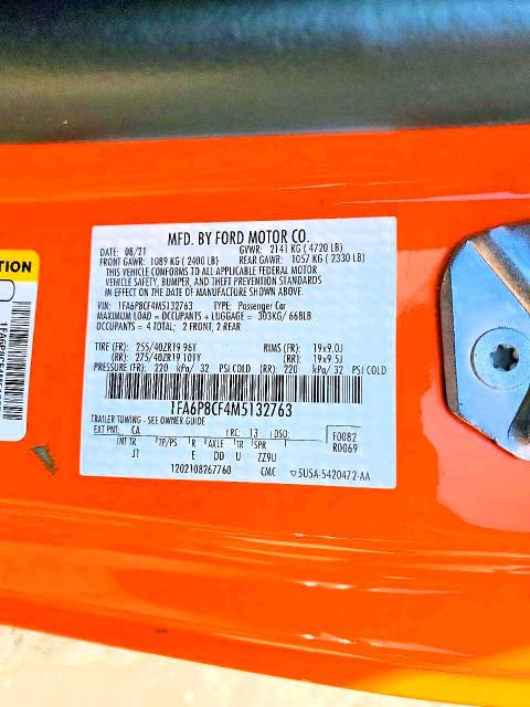 2021 Ford Mustang მანქანა იყიდება აუქციონზე, vin: 1FA6P8CF4M5132763, აუქციონის ნომერი: 48135006