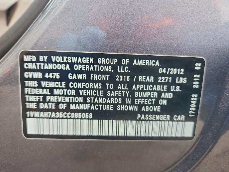 50595066 :رقم المزاد ، 1VWAH7A35CC085058 vin ، 2012 Volkswagen Passat مزاد بيع