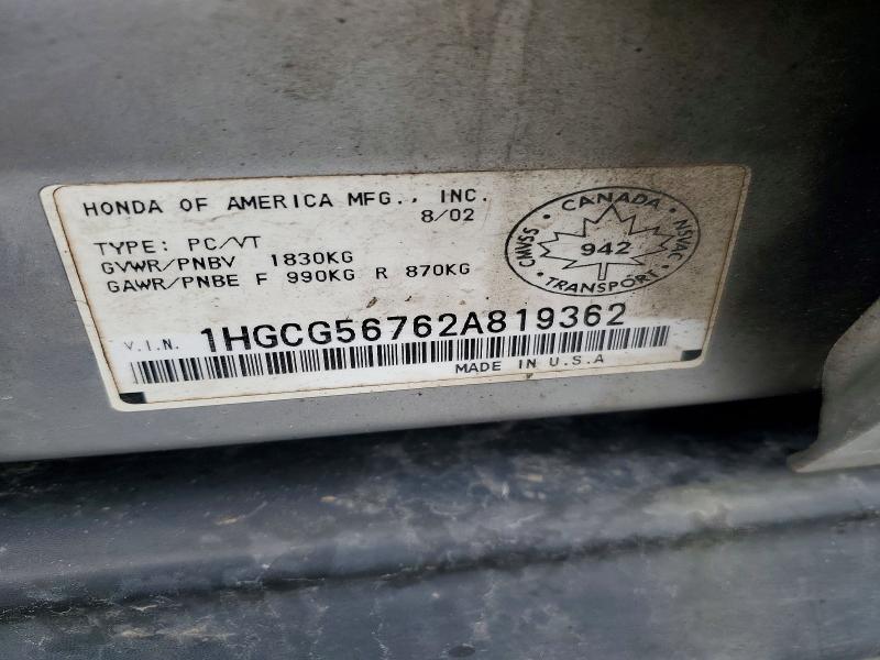 49309456 :رقم المزاد ، 1HGCG56762A819362 vin ، 2002 Honda Accord مزاد بيع