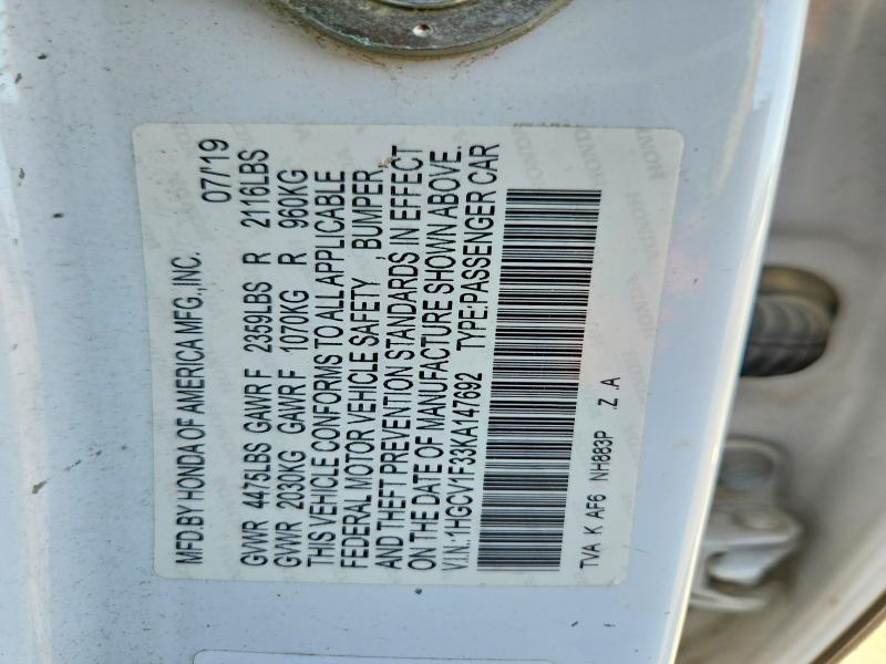 49185846 :رقم المزاد ، 1HGCV1F33KA147692 vin ، 2019 Honda Accord مزاد بيع