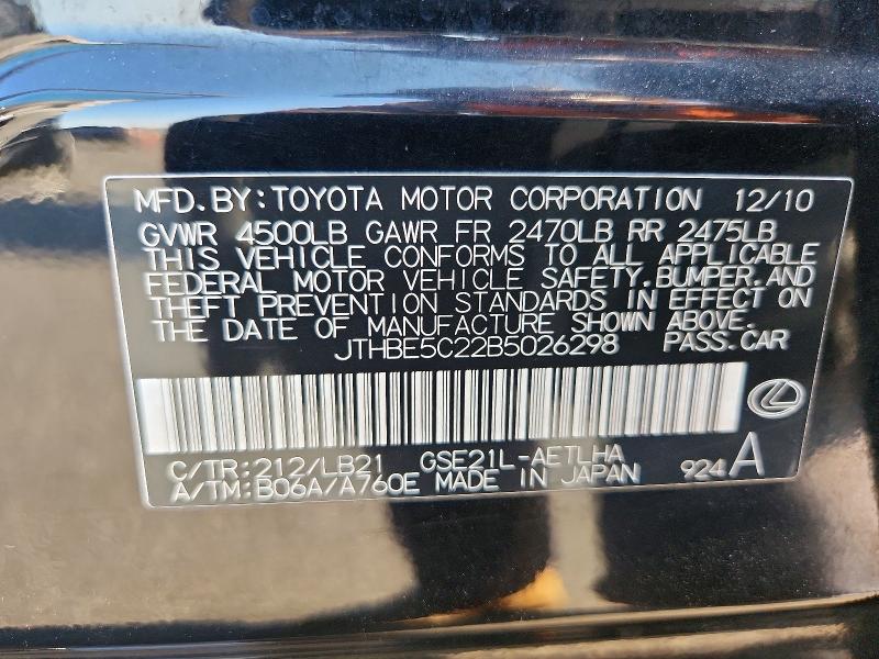 Aukcja sprzedaży 2011 Lexus Is, vin: JTHBE5C22B5026298, numer aukcji: 49509956