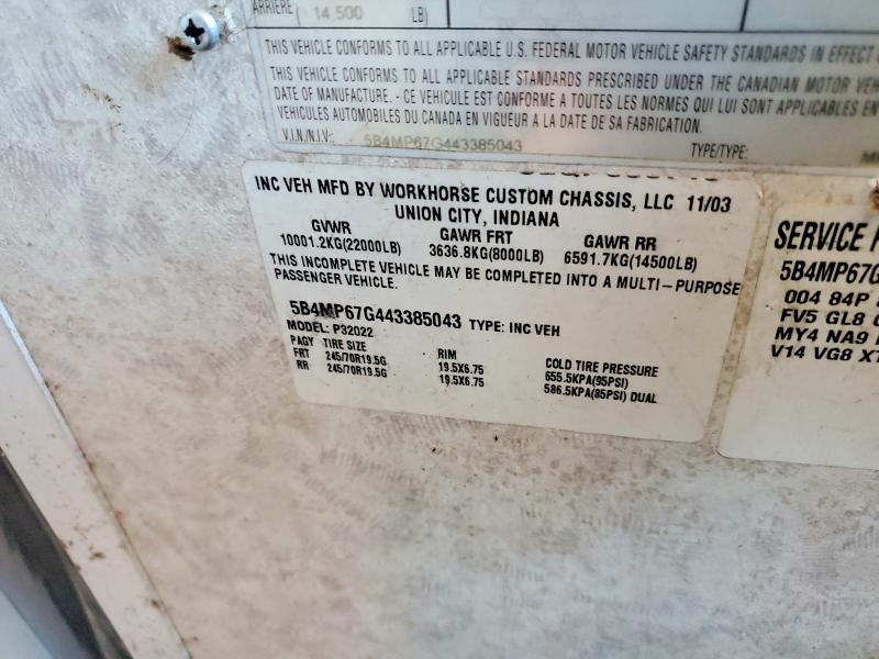 Продажа на аукционе авто 2004 Workhorse Motorhome Chassis, vin: 5B4MP67G443385043, номер лота: 48356446