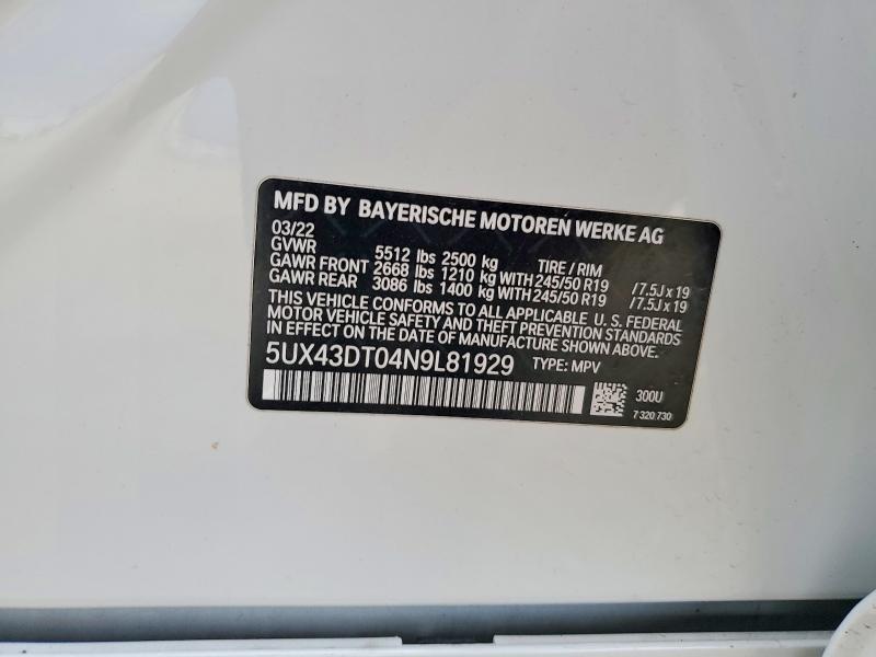 Aukcja sprzedaży 2022 Bmw X4, vin: 5UX43DT04N9L81929, numer aukcji: 48792696