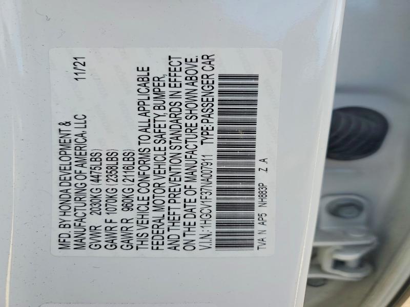 2022 Honda Accord მანქანა იყიდება აუქციონზე, vin: 1HGCV1F37NA007911, აუქციონის ნომერი: 50830976