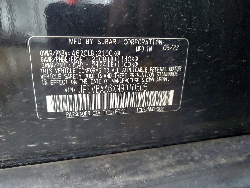 Aukcja sprzedaży 2022 Subaru Wrx, vin: JF1VBAA6XN9010505, numer aukcji: 50161976