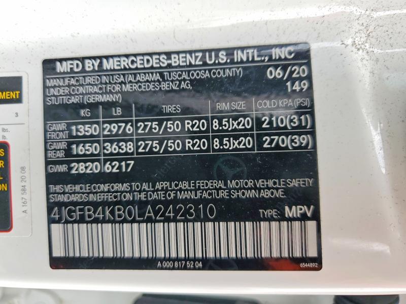 47361186 :رقم المزاد ، 4JGFB4KB0LA242310 vin ، 2020 Mercedes-benz Gle مزاد بيع