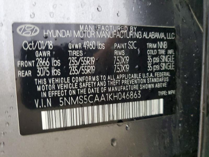 Продаж на аукціоні авто 2019 Hyundai Santa Fe, vin: 5NMS5CAA1KH046863, номер лоту: 48633796