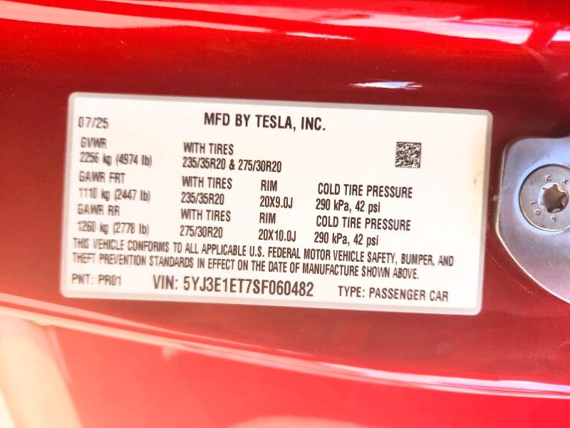 Aukcja sprzedaży 2025 Tesla Model 3, vin: 5YJ3E1ET7SF060482, numer aukcji: 49928796