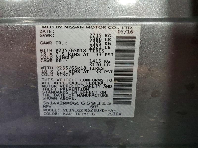 Aukcja sprzedaży 2016 Nissan Pathfinder, vin: 5N1AR2MM9GC659315, numer aukcji: 49940876