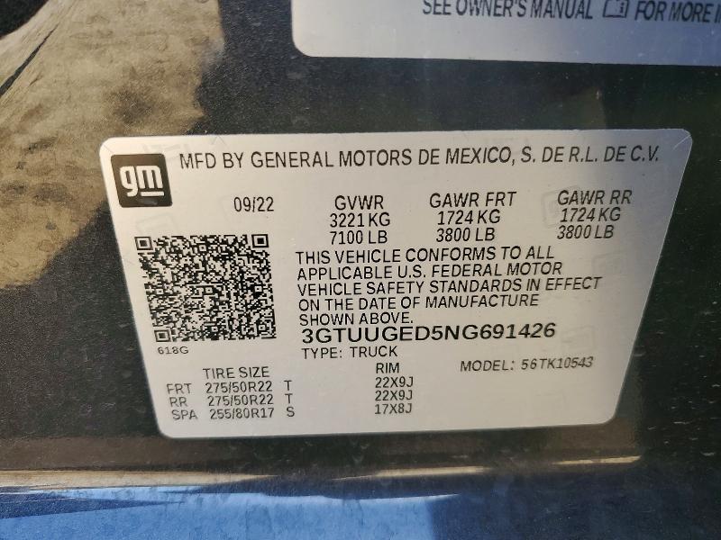 2022 Gmc Sierra მანქანა იყიდება აუქციონზე, vin: 3GTUUGED5NG691426, აუქციონის ნომერი: 50426276