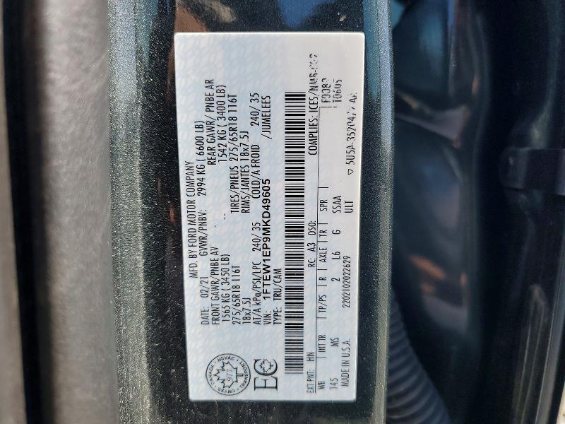 51000286 :رقم المزاد ، 1FTEW1EP9MKD49605 vin ، 2021 Ford F150 مزاد بيع