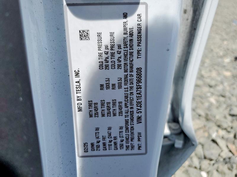 2025 Tesla Model 3 მანქანა იყიდება აუქციონზე, vin: 5YJ3E1EA7SF966808, აუქციონის ნომერი: 51226716