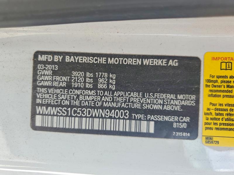 50805316 :رقم المزاد ، WMWSS1C53DWN94003 vin ، 2013 Mini Cooper مزاد بيع