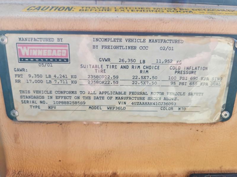 50948486 :رقم المزاد ، 4UZAAHAK41CJ36093 vin ، 2001 Winnebago Motorhome مزاد بيع