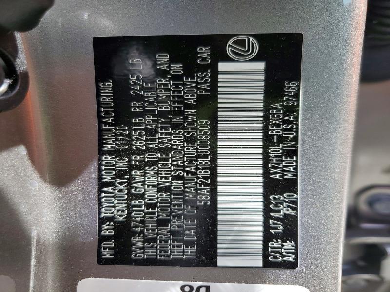 2020 Lexus Es მანქანა იყიდება აუქციონზე, vin: 58AF21B18LU008509, აუქციონის ნომერი: 50235306