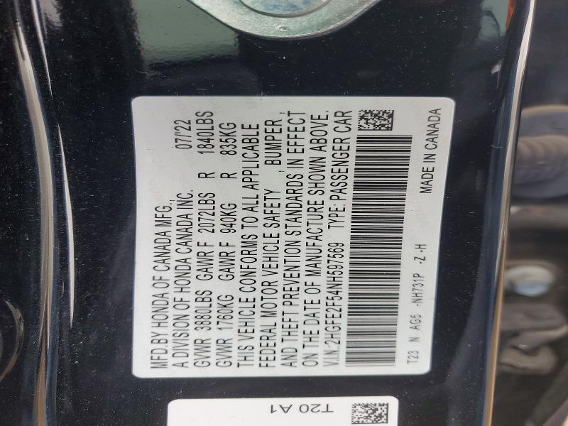 51703696 :رقم المزاد ، 2HGFE2F54NH597569 vin ، 2022 Honda Civic مزاد بيع