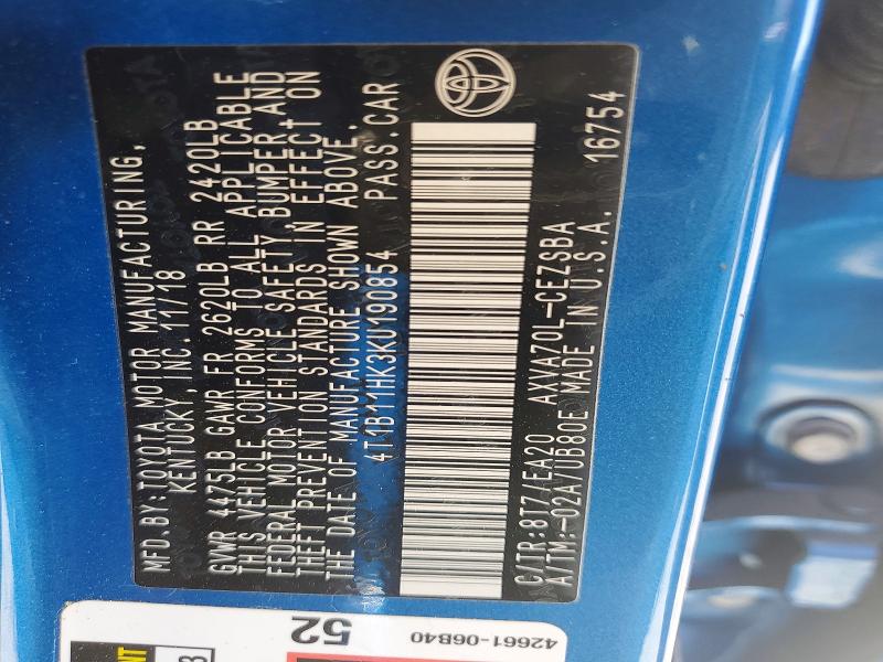 2019 Toyota Camry მანქანა იყიდება აუქციონზე, vin: 4T1B11HK3KU190854, აუქციონის ნომერი: 48714756