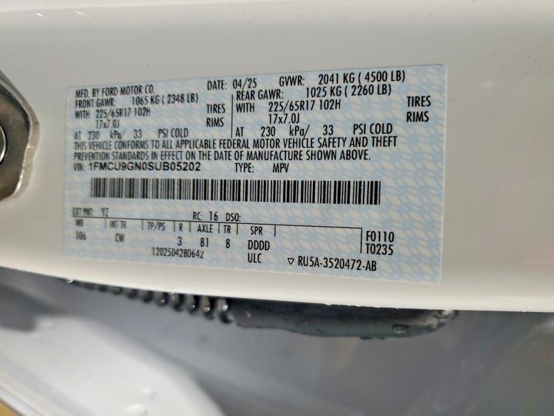 51845886 :رقم المزاد ، 1FMCU9GN0SUB05202 vin ، 2025 Ford Escape مزاد بيع