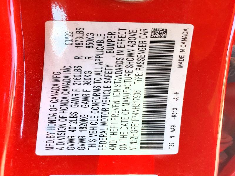 2022 Honda Civic მანქანა იყიდება აუქციონზე, vin: 2HGFE1F74NH317936, აუქციონის ნომერი: 48436896