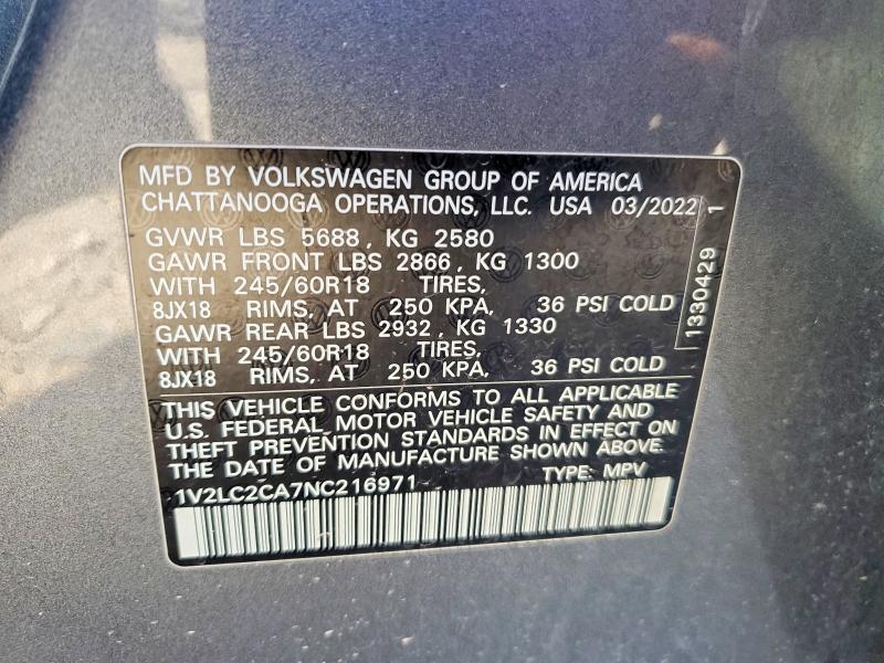 50228246 :رقم المزاد ، 1V2LC2CA7NC216971 vin ، 2022 Volkswagen Atlas Cross Sport مزاد بيع