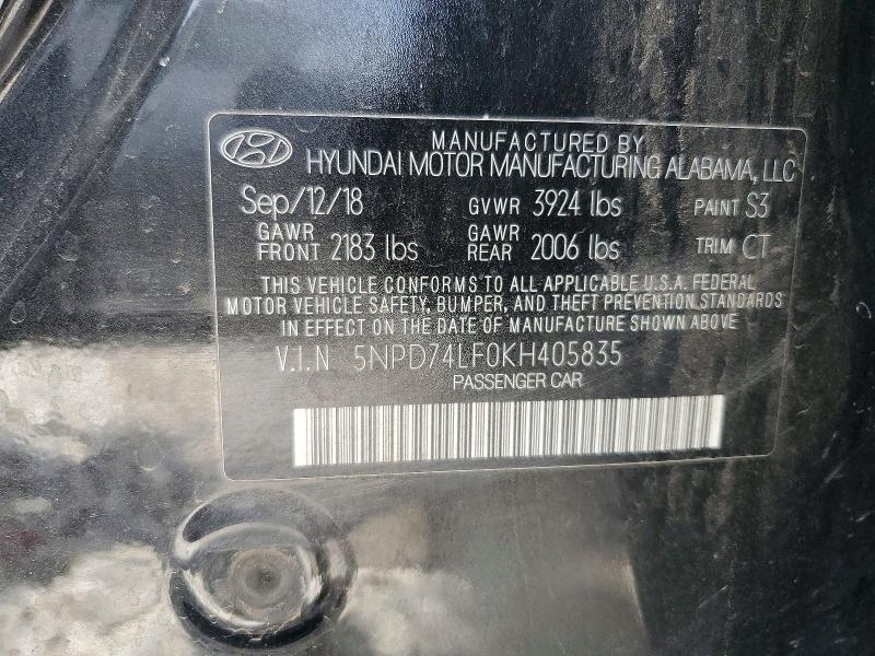 49564866 :رقم المزاد ، 5NPD74LF0KH405835 vin ، 2019 Hyundai Elantra مزاد بيع