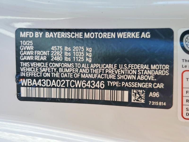 2026 Bmw 430i მანქანა იყიდება აუქციონზე, vin: WBA43DA02TCW64346, აუქციონის ნომერი: 51303226
