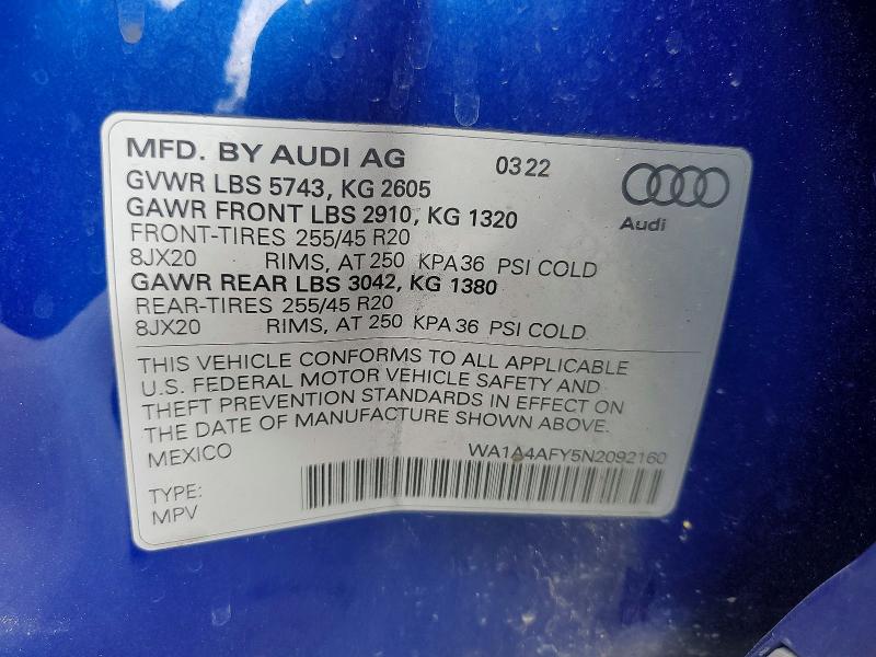 48613036 :رقم المزاد ، WA1A4AFY5N2092160 vin ، 2022 Audi Sq5 مزاد بيع
