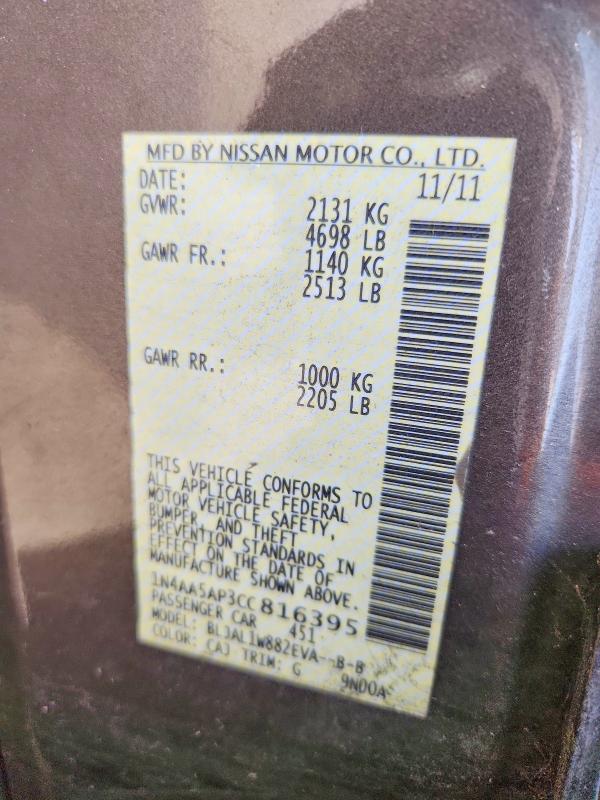 Продаж на аукціоні авто 2012 Nissan Maxima, vin: 1N4AA5AP3CC816395, номер лоту: 50598736
