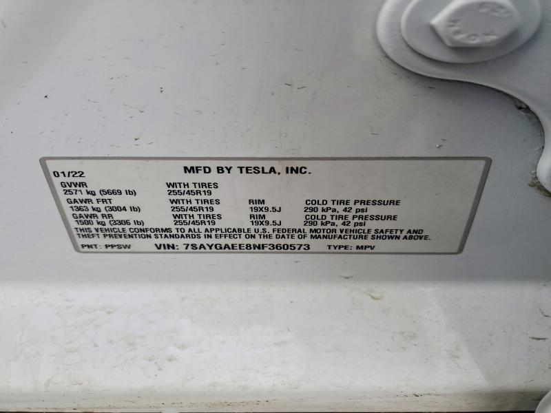 Продажа на аукционе авто 2022 Tesla Model Y, vin: 7SAYGAEE8NF360573, номер лота: 47410826