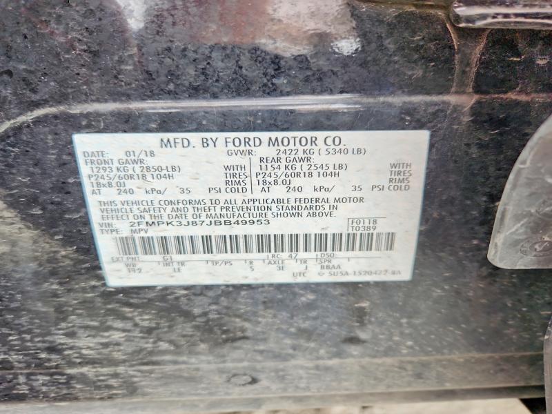 2018 Ford Edge მანქანა იყიდება აუქციონზე, vin: 2FMPK3J87JBB49953, აუქციონის ნომერი: 48677766